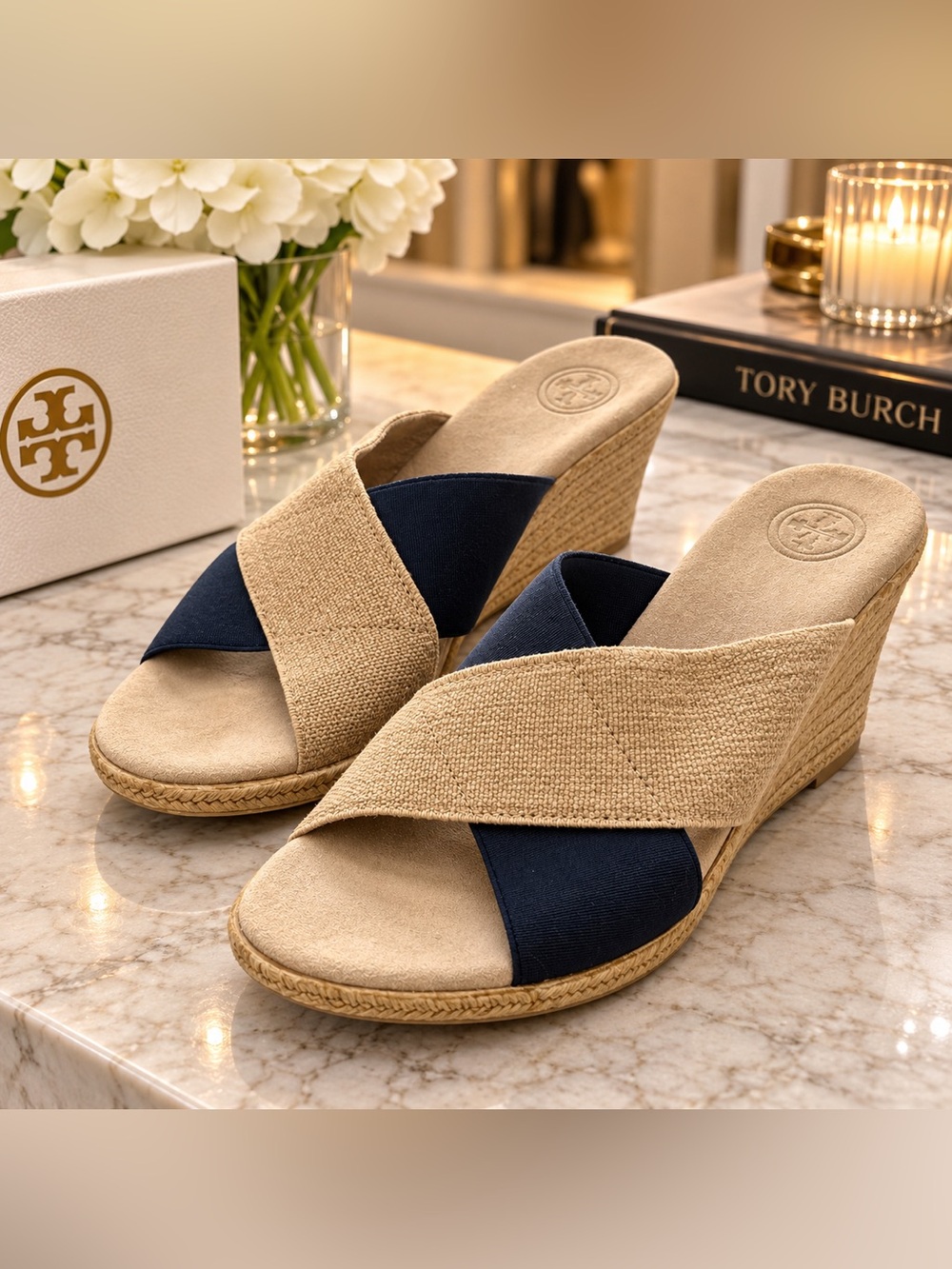 Tory Burch Navy and Natural Crisscross Espadrille Wedges size 10